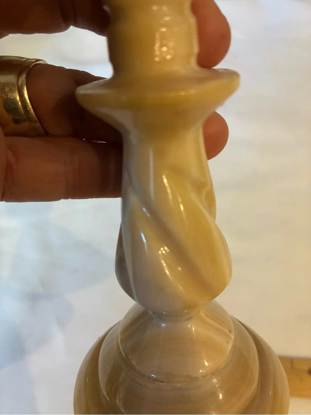 Hand-Carved Beige Striped Onyx Candlestick Holder